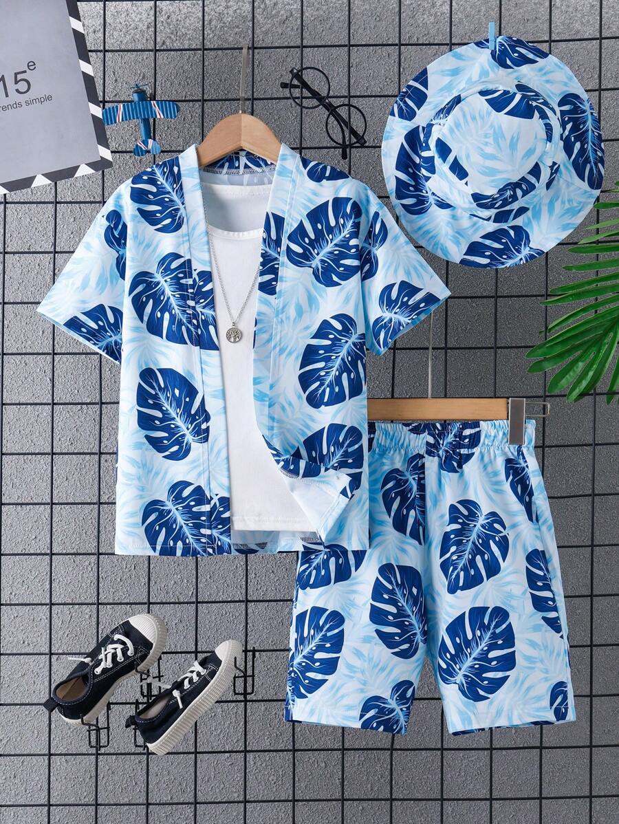 Tween Boy Summer Coconut Tree Beach Printed Casual Outfit With Hat, 3pcs/Set