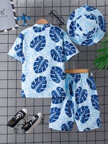 Tween Boy Summer Coconut Tree Beach Printed Casual Outfit With Hat, 3pcs/Set