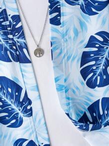 Tween Boy Summer Coconut Tree Beach Printed Casual Outfit With Hat, 3pcs/Set