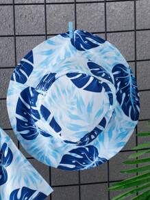 Tween Boy Summer Coconut Tree Beach Printed Casual Outfit With Hat, 3pcs/Set