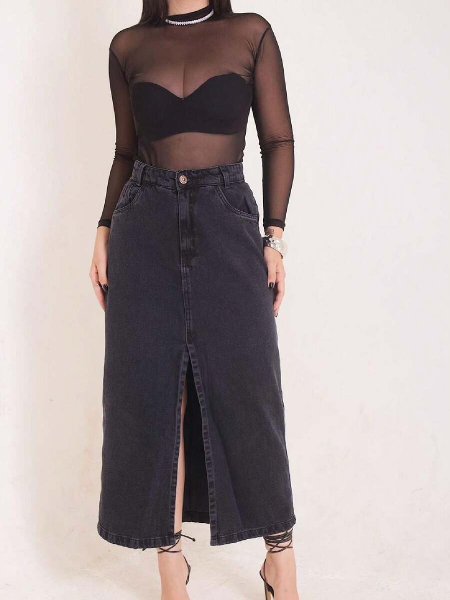 Women Denim Skirts - Dark Grey - View 1
