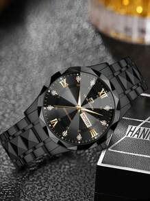 VA VA VOOM 男士时尚奢华风水水钻石英表，带双日历机芯，不锈钢和金色铆钉设计，蓝色表盘和夜灯，休闲和商务风格，可作为返校学生的礼物