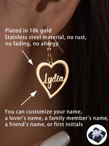 1pair Personalized European And American Style Heart-Shaped Name Earrings, Customized With Gold Plated Name, Suitable For Mother's Day, Valentine's Day, Birthday, Anniversary, Graduation, Christmas, Family And Friends