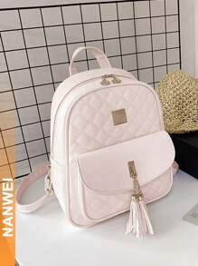 3 piezas Bolso de Mujer con Estampado Cuadrado de Diamante, Mochila de PU para Mujer, Mochilas Aesthetic con Correa Ajustable para el Hombro, Mochilas de Moda para Mujer, Impermeable Mochilas Bonitas - Rosa - Ver 4