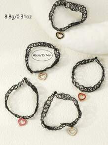 5pcs Simple & Stylish Children's Colorful Heart Pendant Elastic Cord Necklaces Set