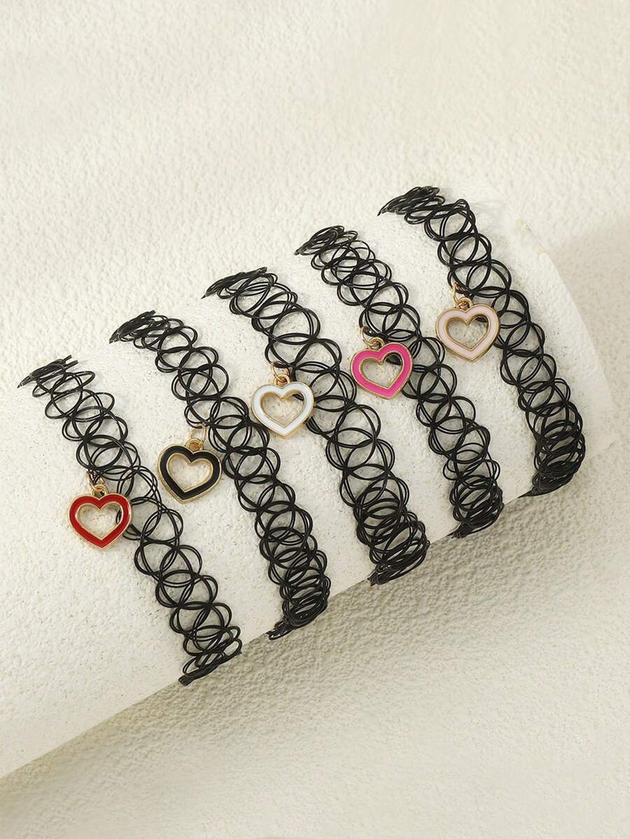 5pcs Simple & Stylish Children's Colorful Heart Pendant Elastic Cord Necklaces Set