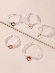 5pcs Simple & Stylish Children's Colorful Heart Pendant Elastic Cord Necklaces Set