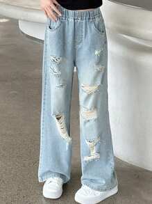 Tween女孩鑽石水洗牛仔褲，一件裝 - 藍色 - 查看 1