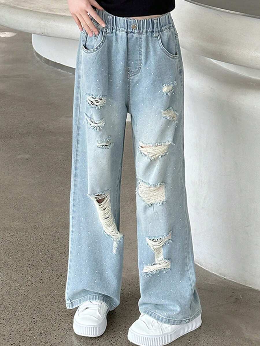 Tween女孩鑽石水洗牛仔褲，一件裝 - 藍色 - 查看 1