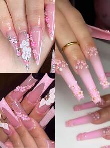 混合花朵美甲水钻，6格粉白花朵闪亮可爱Y2K美甲装饰3D花朵水钻仿珍珠美甲饰品DIY美甲沙龙美甲用品美甲宝石美甲 - 彩色 - 查看 5