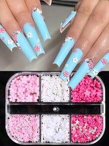 混合花朵美甲水钻，6格粉白花朵闪亮可爱Y2K美甲装饰3D花朵水钻仿珍珠美甲饰品DIY美甲沙龙美甲用品美甲宝石美甲 - 彩色 - 查看 2
