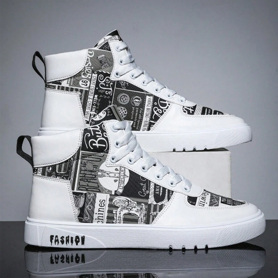 Men's High Graffiti Light Fashion Casual Joker Men's Shoes Skateboard Shoes - 黑色 - 查看 1