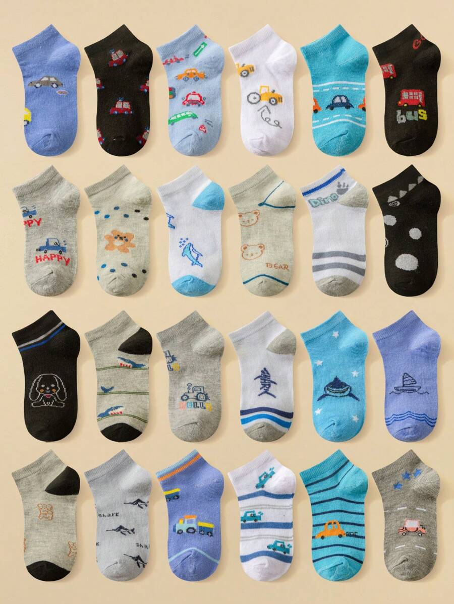 12對隨機圖案男童襪子，以卡通恐龍，汽車，帆船，鯊魚為特色；適合作為禮物贈送和日常穿著 - 彩色 - 查看 1