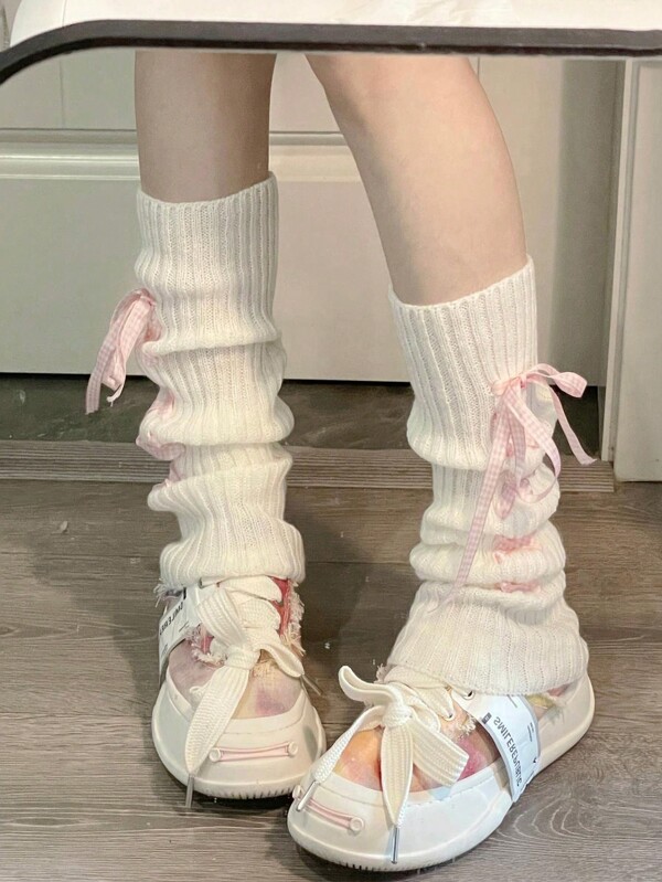 1pair Cute Cross-Band Leg Warmers For Girls, Mid-Calf Knit Butterfly Patterned Leg Warmers, White Pile Leg Warmers, Autumn/Winter