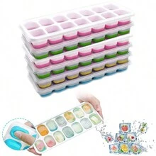 1入組帶蓋冰塊製作盤，可堆疊柔軟矽膠製冰盤，可重複使用，節省冰箱空間，適用於啤酒、飲料、威士忌、雞尾酒用冰塊，含藍、黃、綠、粉4色