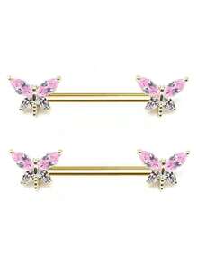 1 pièce Broche de mamelon en acier inoxydable avec zircone rose et libellule, bijoux corporels sexy pour femmes en été