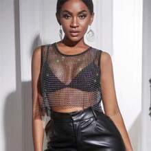 Blusa Pedrería Brillos Transparente Espalda Descubierta Moda Sexy de Noche Fiesta - Negro - Ver 2