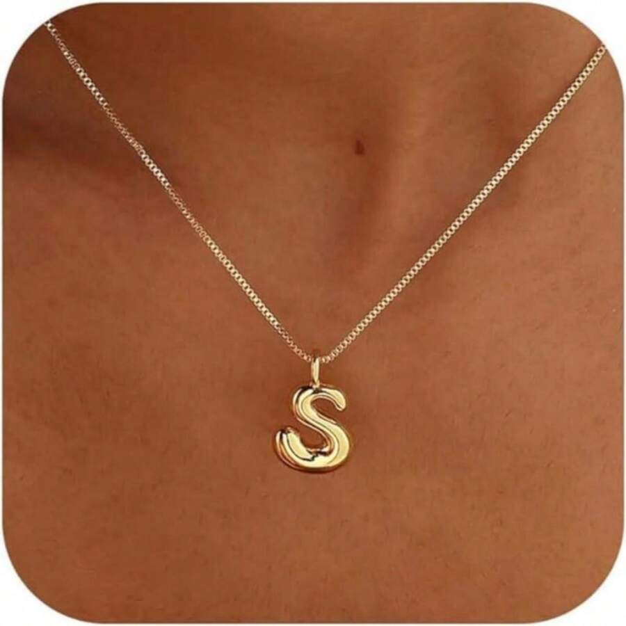 One Piece Bubble Letter Necklace Gold Plated Necklace Initial Necklaces For Women Girls Dainty Bubble Alphabet Pendant Personalized Jewelry Gift - Gold - View 1