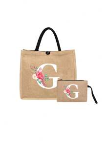 Linen Tote Bag, Including A Printed Initials A-Z Tote Bag And A Printed Small Bag, Black Letters, Flowers, Personalized Gift Package, Yellow Linen Black Tote Bag With Black Buckle, Combination Of Small And Large Bag