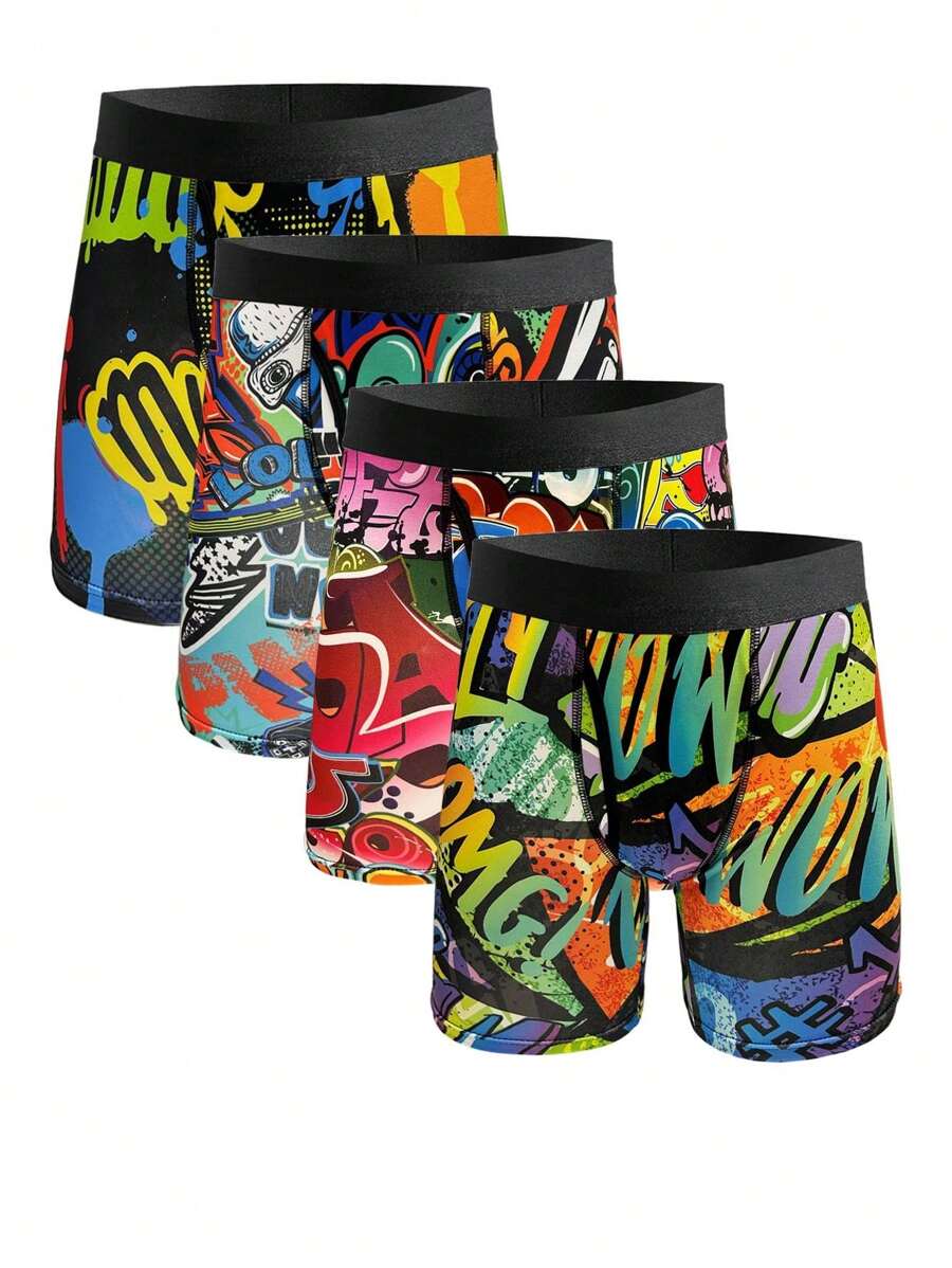 4pcs Men's Printed Long Athletic Boxers, Breathable Quick-Dry Fashionable Underwear For Home - Multicolor - View 1