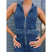 Womens Flare Denim Jumpsuits Cute Slim Fit Sleeveless V Neck Zip Up Jeans Long Pant Rompers - 藍色 - 查看 4