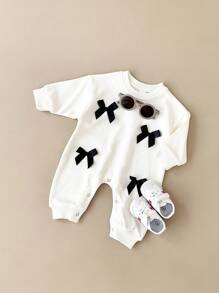 Newborn Baby Girl Cute Bow Solid Color Long Sleeve Romper, Spring & Autumn
