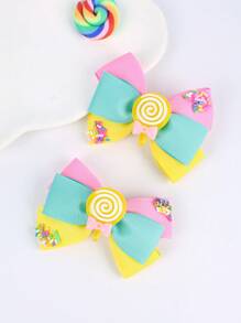 2pcs Candy Color Hair Bow Clips For Girls ,Multi-Bow Satin Ribbon Hairpins ,Alligator Clips ,Hair Accessories For Teen Teens - Multicolor - View 2
