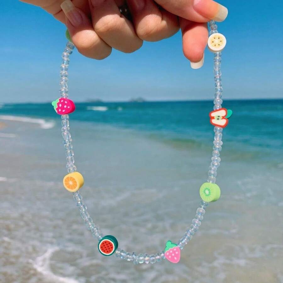 1 Stück transparente Perlenkette zufällige Frucht Chokerkette für Frauen, einfache Acrylperlen süßer Sommer Strand Schmuck - Verschiedenfarbig - Übersicht 1