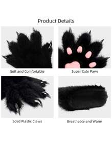 Furry Fur Cat Wolf Fox Dog Fluffy Animal Paws Claws Gloves Mittens Hands Costume Cosplay For Kids Halloween