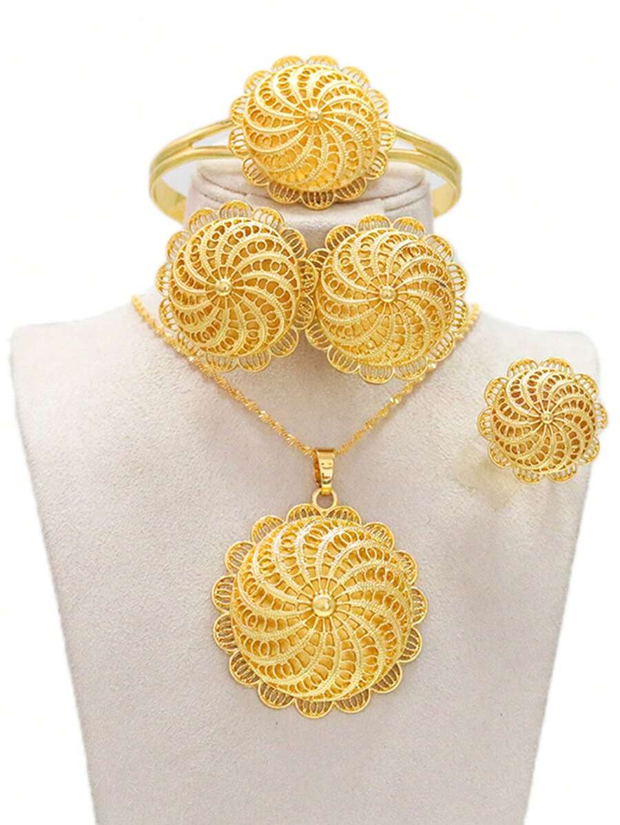 4 cái/bộ Mạ vàng 24K Bộ trang sức Với Lớn Hoa tai , Vật rủ xuống , Nhẫn , Và Vòng tay Đối với Người châu Phi Cô dâu , Lễ cưới Qủa tặng Bộ