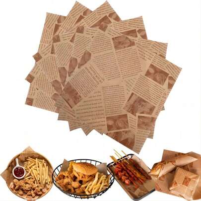 50PCS Printed Greaseproof Paper,Food Word Text Grease-Resistant Wrap Paper,Waterproof Paper Liners Wrapping Tissue For Food Deli,Hamburger,Sandwich,Cheese,Picnic,Party,Baking,Cooking,Frying (Brown)