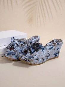 2024新款防水台高跟鞋，布面鞋面，非常適合夏季傳統服飾，打結和印花設計，厚跟和防滑鞋底