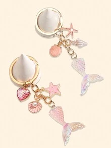 1 Móc khóa công chúa nàng tiên cá có vỏ sò, sao biển và mặt dây chuyền chai gỗ lũa - Nhiều màu - Xem 1