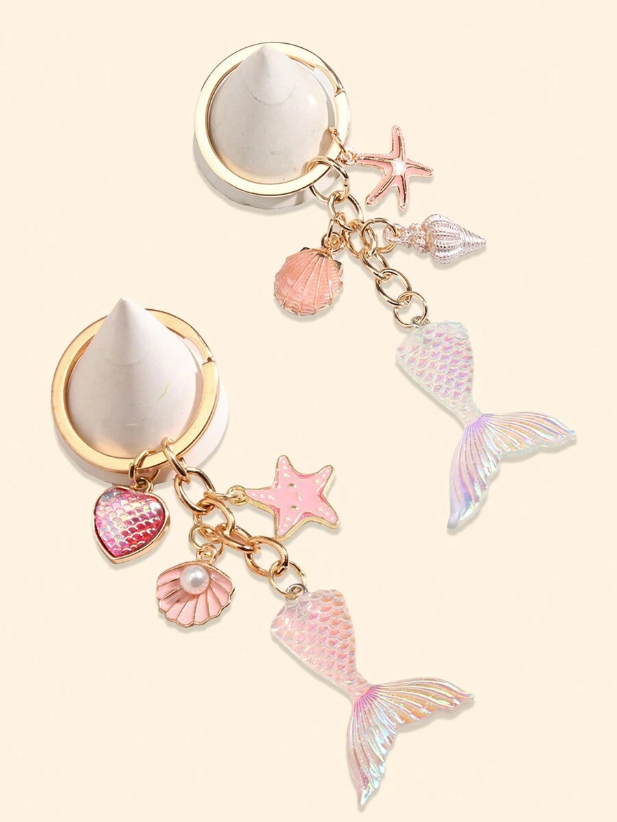 1 Móc khóa công chúa nàng tiên cá có vỏ sò, sao biển và mặt dây chuyền chai gỗ lũa - Nhiều màu - Xem 1