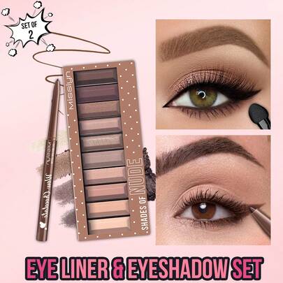 Misslyn Eyeshadow & Eyeliner Set, Waterproof, Volumizing, Buildable, Creates Full, Voluminous-Looking Brows, , Pigmented Matte & Shimmer Shades, Long Lasting, Blendable Powder, Natural Colors, Rich Colors With Velvety Texture, Eyeshadow Palette Includes Applicator, Valentine's Day Gifts,Vegan,Cruelty Free