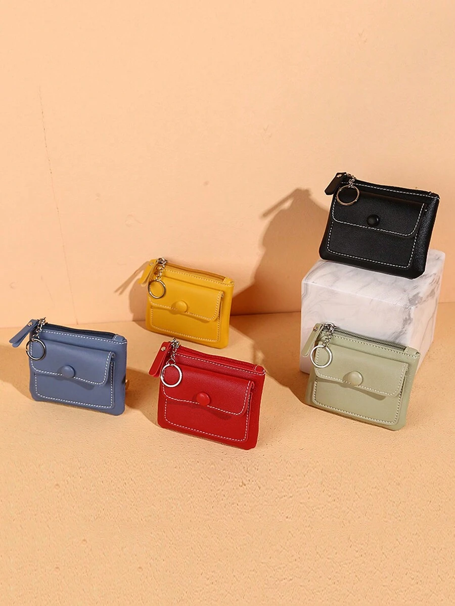 1pc Solid Color Minimalist PU Leather Coin Purse Large Capacity Multifunction With Money Holder Zipper Wallet For Credit Card With Zipper Card Holder Portable Waterproof Small Wallet For Travel And Daily For Men And Women Travel Accessories Wallet Keychain - Black - View 1