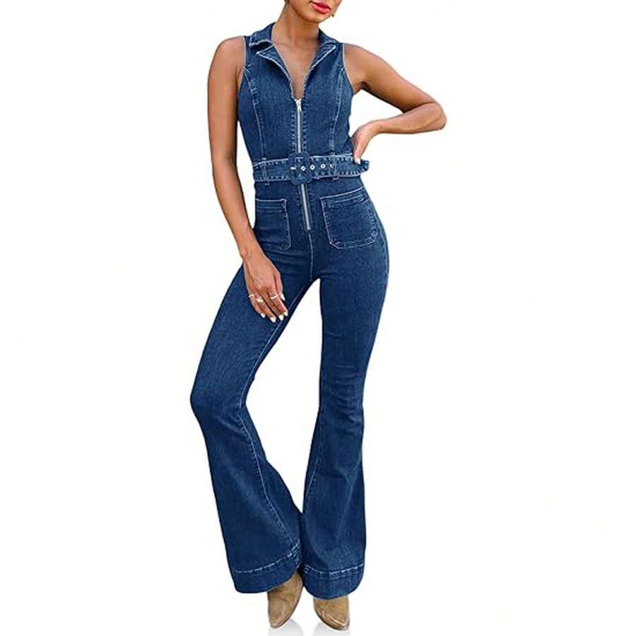 Womens Flare Denim Jumpsuits Cute Slim Fit Sleeveless V Neck Zip Up Jeans Long Pant Rompers - 藍色 - 查看 1