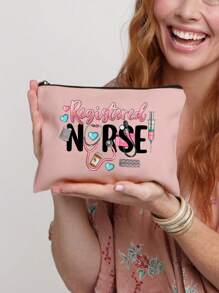 1pc Makeup Bag, Portable Toiletries Bag, Nurse Printed Women'S Portable Makeup Bag With Zipper Travel Bag Storage Box, Nurse Patterned Makeup Bag, Women'S Makeup Bag Travel Toilet Organizer, Back To School Doctor Teacher Gift, Love Flower Leopard Print Letter Pattern, Suitable For Daily Use, Appointments, Birthdays, Holidays, Back To School, Summer, Beach, Travel, Commuting, Students, Picnics, Camping, Daily Storage Makeup Bags Makeup Organizer Make Up Organizer Makeup Storage Makeup Pouch Make Up Pouch - Pink - View 13