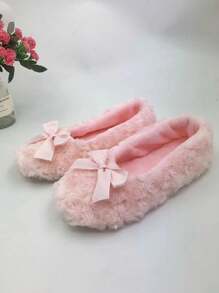 Women Tie-Dye Rose Embossed Rabbit Fur Bowknot Ballerina Slippers, Soft Bottom Indoor House Slippers