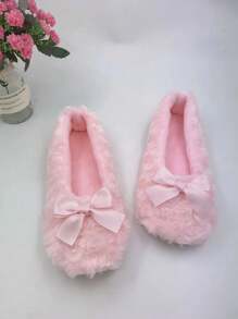 Women Tie-Dye Rose Embossed Rabbit Fur Bowknot Ballerina Slippers, Soft Bottom Indoor House Slippers