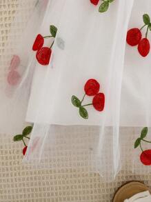 Young Girl Summer Fashion Embroidered Tulle Puff Dress With Cute Suspender Straps - White - View 7