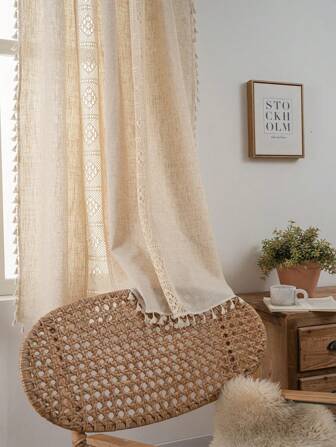 Tokoto 1 件米色拼布遮光窗帘，休闲波西米亚风亚麻镂空流苏装饰窗帘，适用于客厅、卧室、飘窗、餐厅、厨房、酒店、婚礼、节日、所有季节