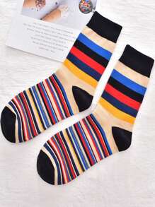 5 pares de Calcetines de tubo de hombre de talla grande de color clásico con rayas gruesas para primavera / invierno