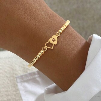 1pc New Stainless Steel Double Heart Initial Bracelet Women Adjustable Gold Color Bead Chain Bracelets For Women Valentines,Mom,Mother,Mother's Day,Gift