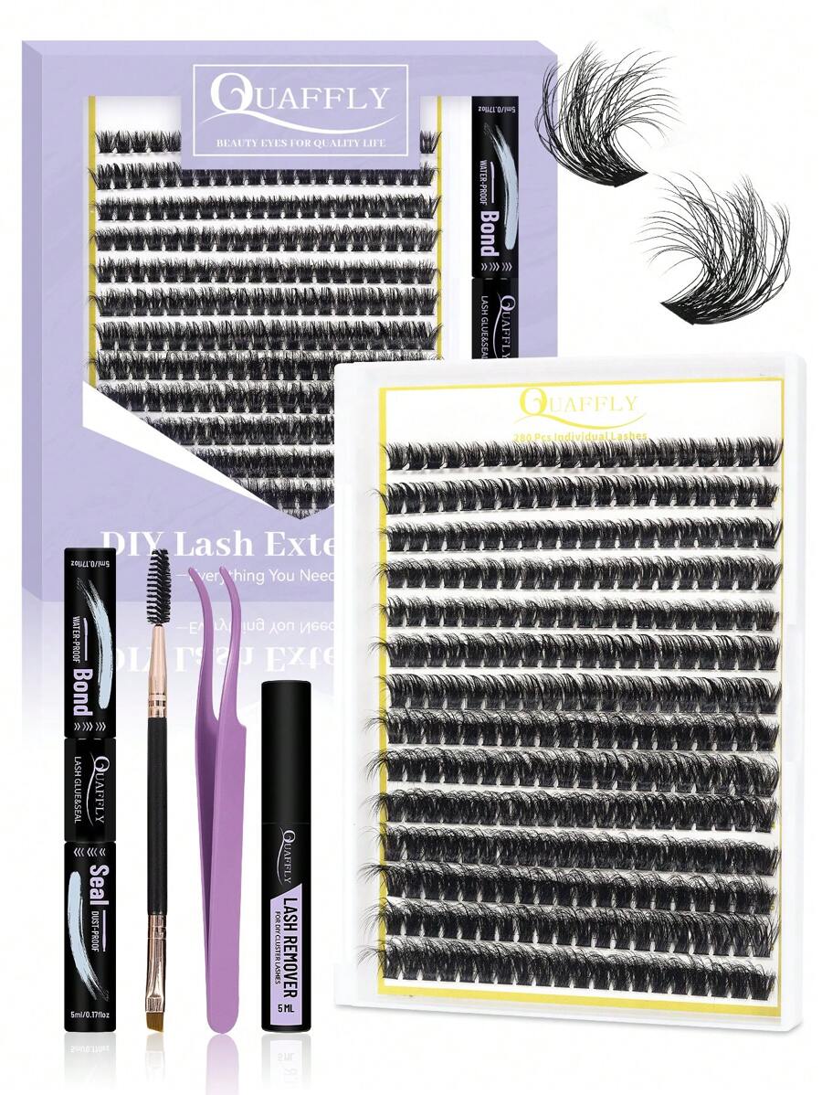 quaffly 毛茸茸睫毛延伸套件 280 PCS 個人睫毛延伸套件 0.07D 9-16MIX簇群莫席套件 睫毛黏合劑和密封劑和睫毛除膠液 睫毛刷套裝与鑷子用於睫毛延伸（套裝-80D-0.07D 9-16MIX） - 黑色 - 查看 1