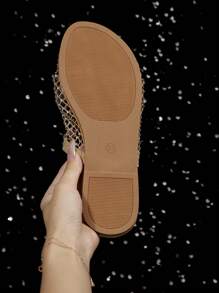 Women's Flat Sandals With Hollow And Rhinestones, New 2025 Summer Breathable Mesh Beach Vacation Non-Slip Slides, Black & Apricot, Fashionable And Elegant For Music Festival, Punk, And Sexy Look, Plus Size