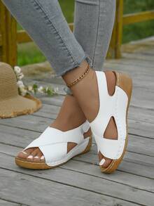 Sandalias de verano con punta abierta para mujeres, suela gruesa, slip-on, punta redonda, diseño de cintura, blanco y negro, versátil, sandalias de playa que se pueden usar en el exterior. - Blanco - Ver 2
