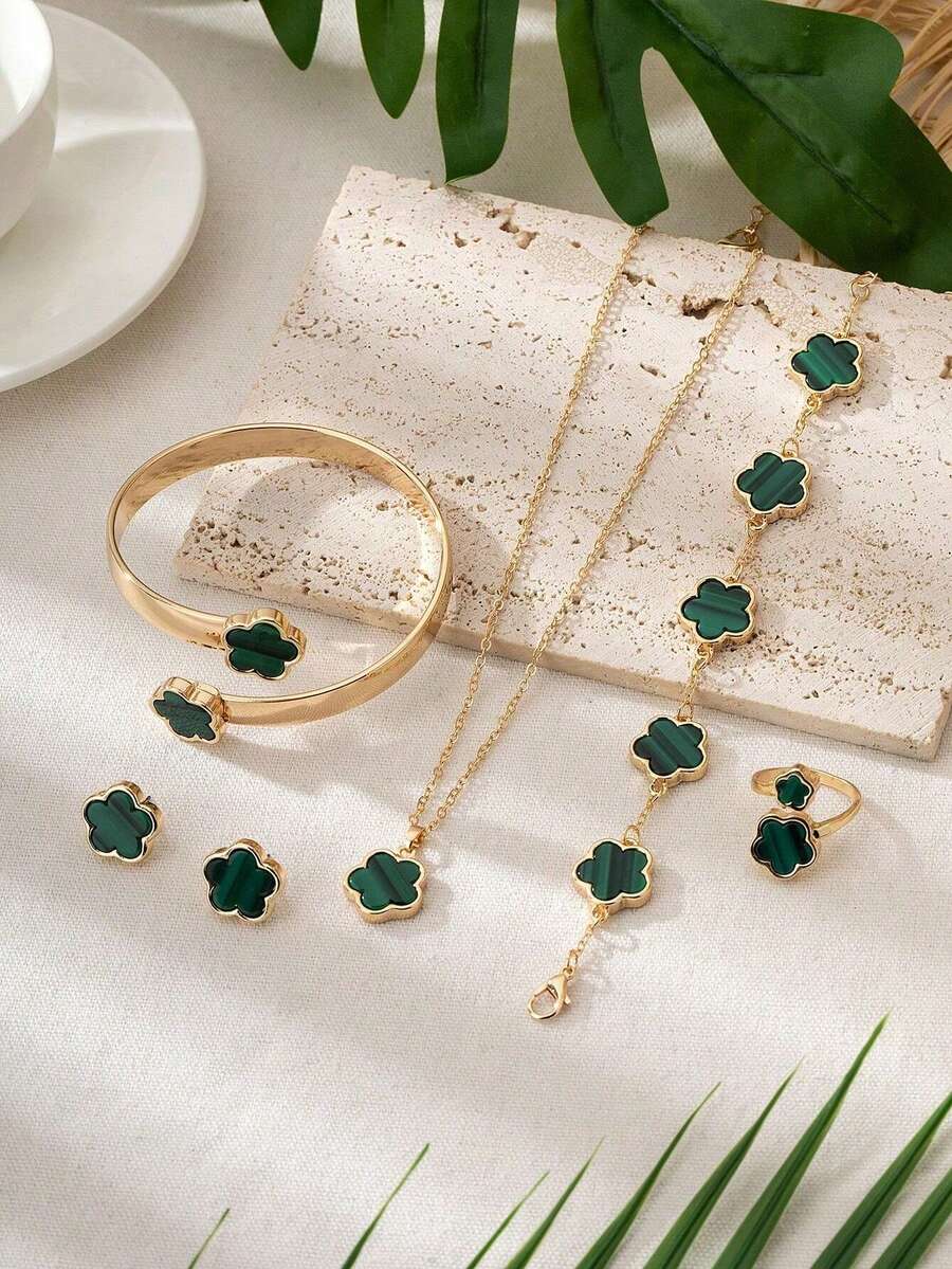6pcs Lucky Clover Jewelry Set Including Bracelet, Necklace, Earrings