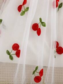 Young Girl Summer Fashion Embroidered Tulle Puff Dress With Cute Suspender Straps - White - View 6