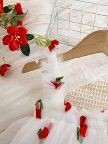 Young Girl Summer Fashion Embroidered Tulle Puff Dress With Cute Suspender Straps - White - View 3